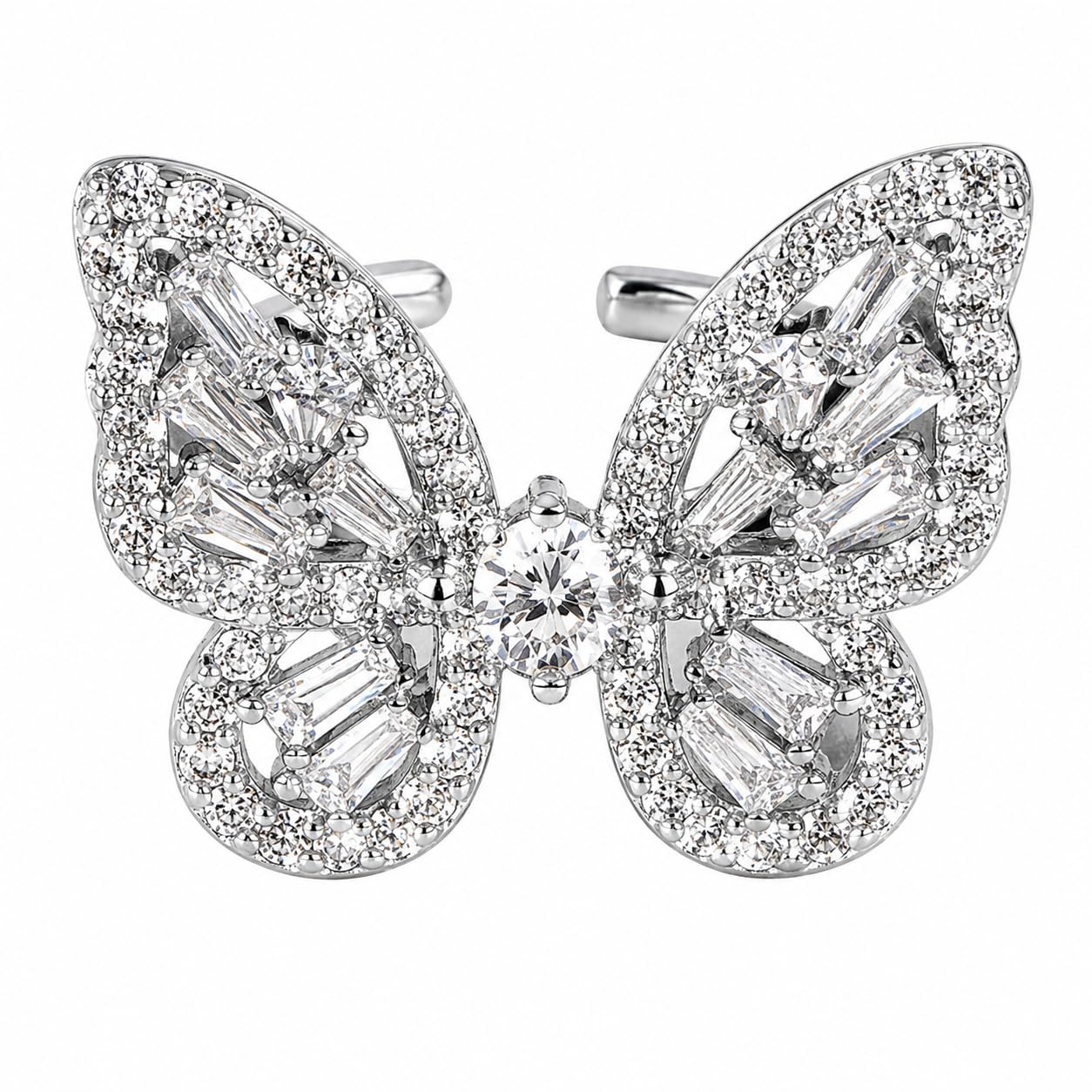 Warm Fortune 18K Gold Plated Big Pave Butterfly Cubic Zirconia Statement Ring for Women, Round & Baguette CZ Open Adjustable Luxury Party Jewelry Gift