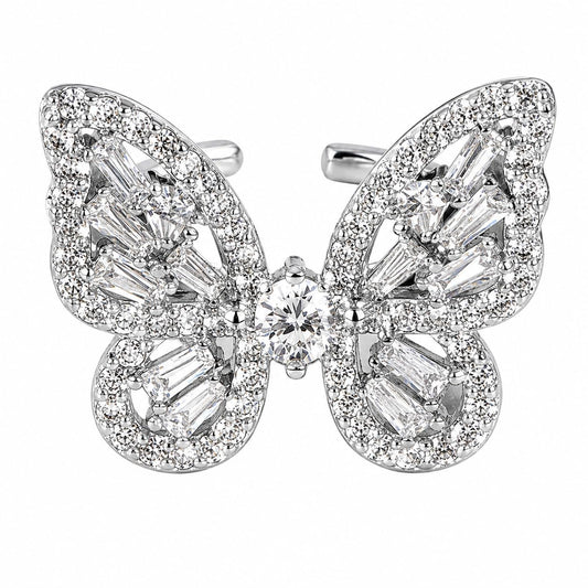 Warm Fortune 18K Gold Plated Big Pave Butterfly Cubic Zirconia Statement Ring for Women, Round & Baguette CZ Open Adjustable Luxury Party Jewelry Gift