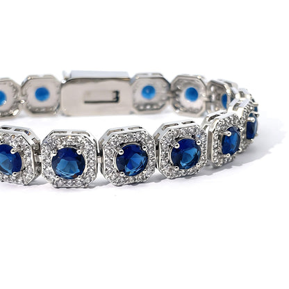Warm Fortune Blue Halo Stone Tennis Bracelet for Women, Silver-Tone 7 Inch Statement Link Jewelry with Sparkling Pave Accents