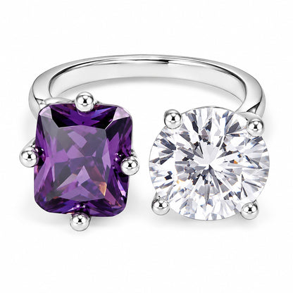 Warm Fortune Purple Cushion & Round Two-Stone Open Promise Ring for Her - 18K Gold Plated Cubic Zirconia, Stackable Gift Valentine's Day, Fashion & Daily Elegant Wear, Adjustable