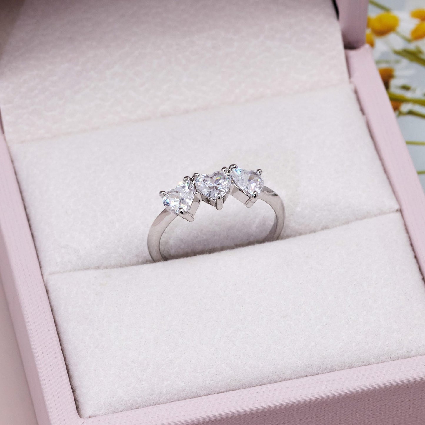 Warm Fortune 3 Heart Cut Cubic Zirconia Open Ring for Women, 18K Gold Plated Adjustable Stackable Heart Jewelry