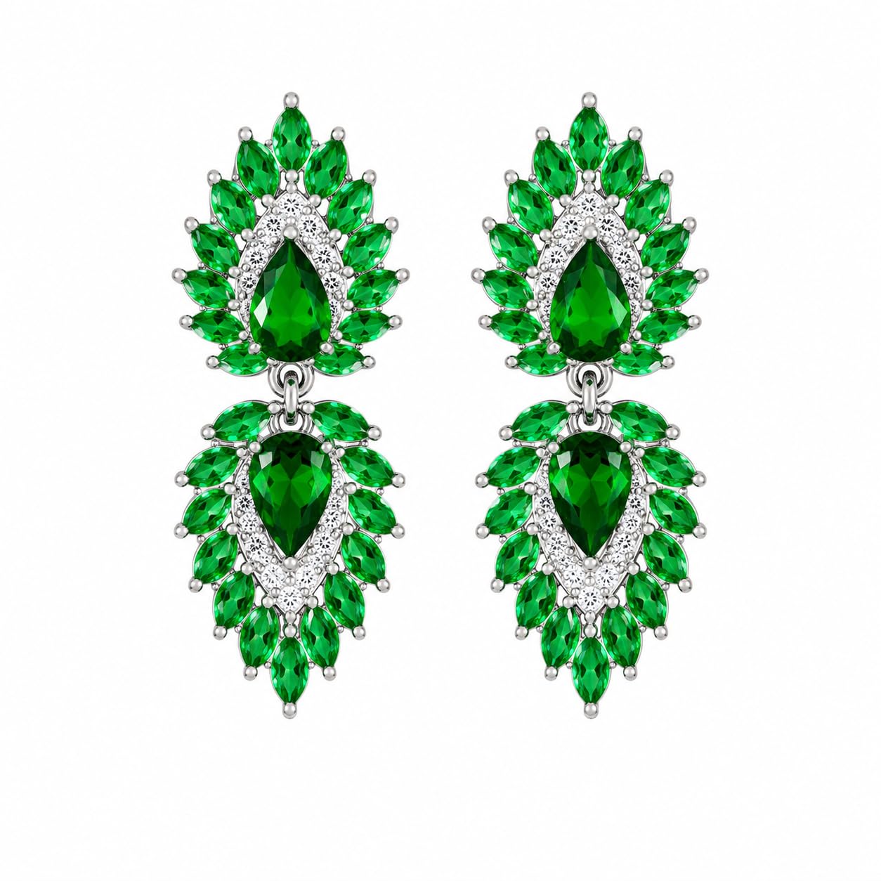 Warm Fortune 18K White Gold Plated Green CZ Teardrop Dangle Earrings