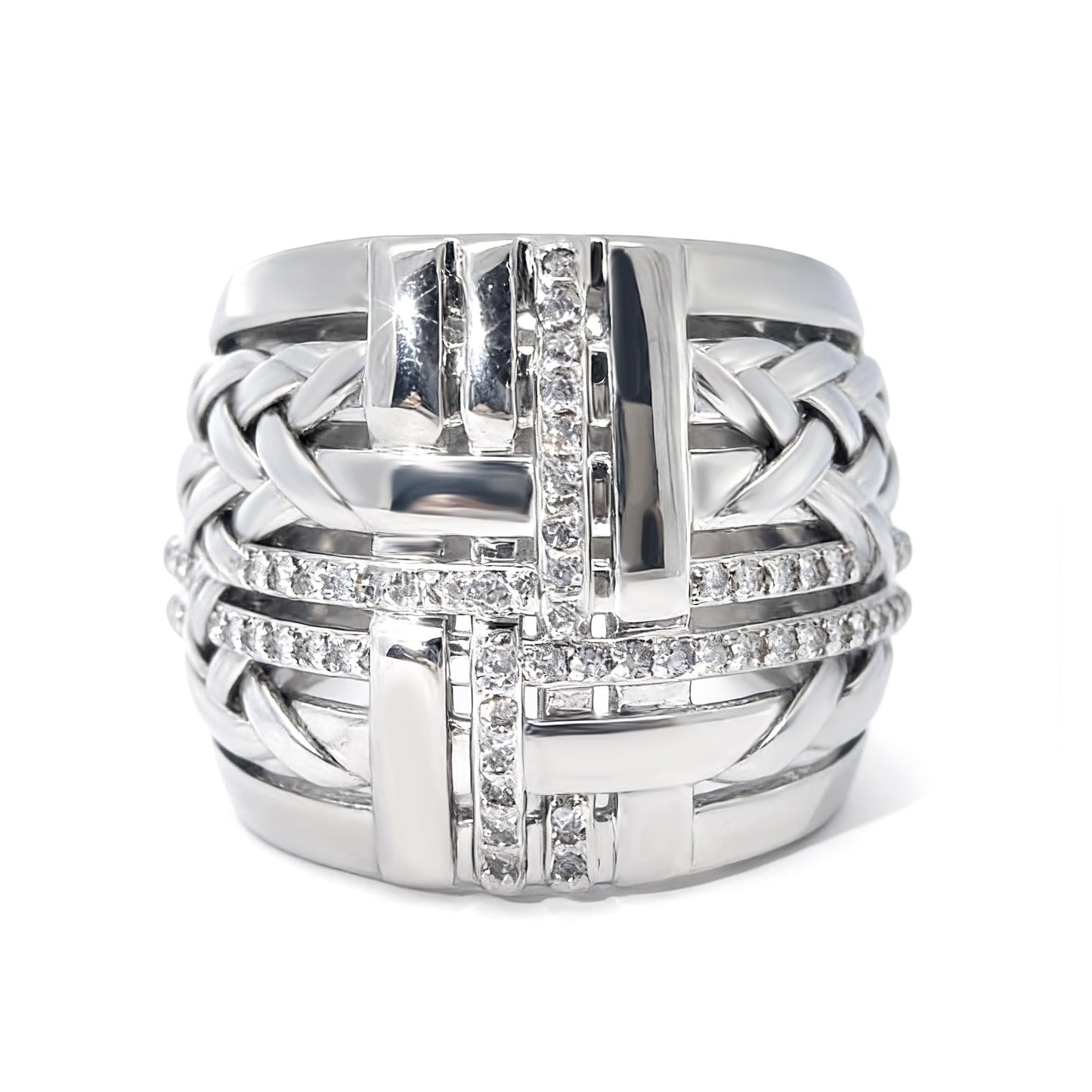 Warm Fortune Braided Cross Wide Band Statement Ring for Women, 18K Gold Plated Pave Cubic Zirconia Multi-Layer Geometric Fashion Ring, Size 7-10