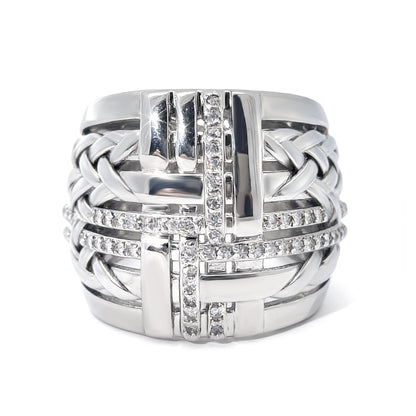 Warm Fortune Braided Cross Wide Band Statement Ring for Women, 18K Gold Plated Pave Cubic Zirconia Multi-Layer Geometric Fashion Ring, Size 7-10