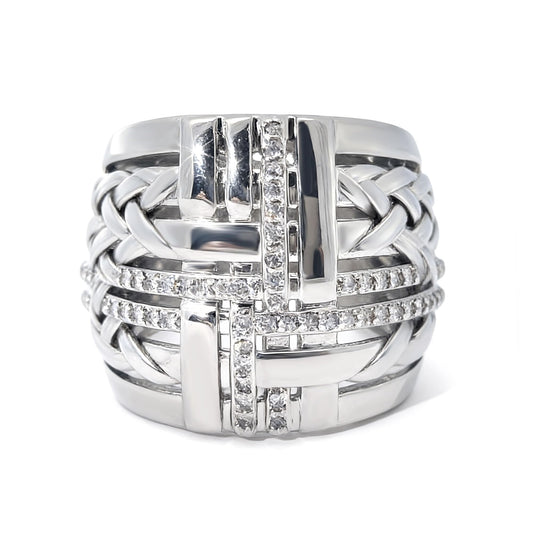 Warm Fortune Braided Cross Wide Band Statement Ring for Women, 18K Gold Plated Pave Cubic Zirconia Multi-Layer Geometric Fashion Ring, Size 7-10