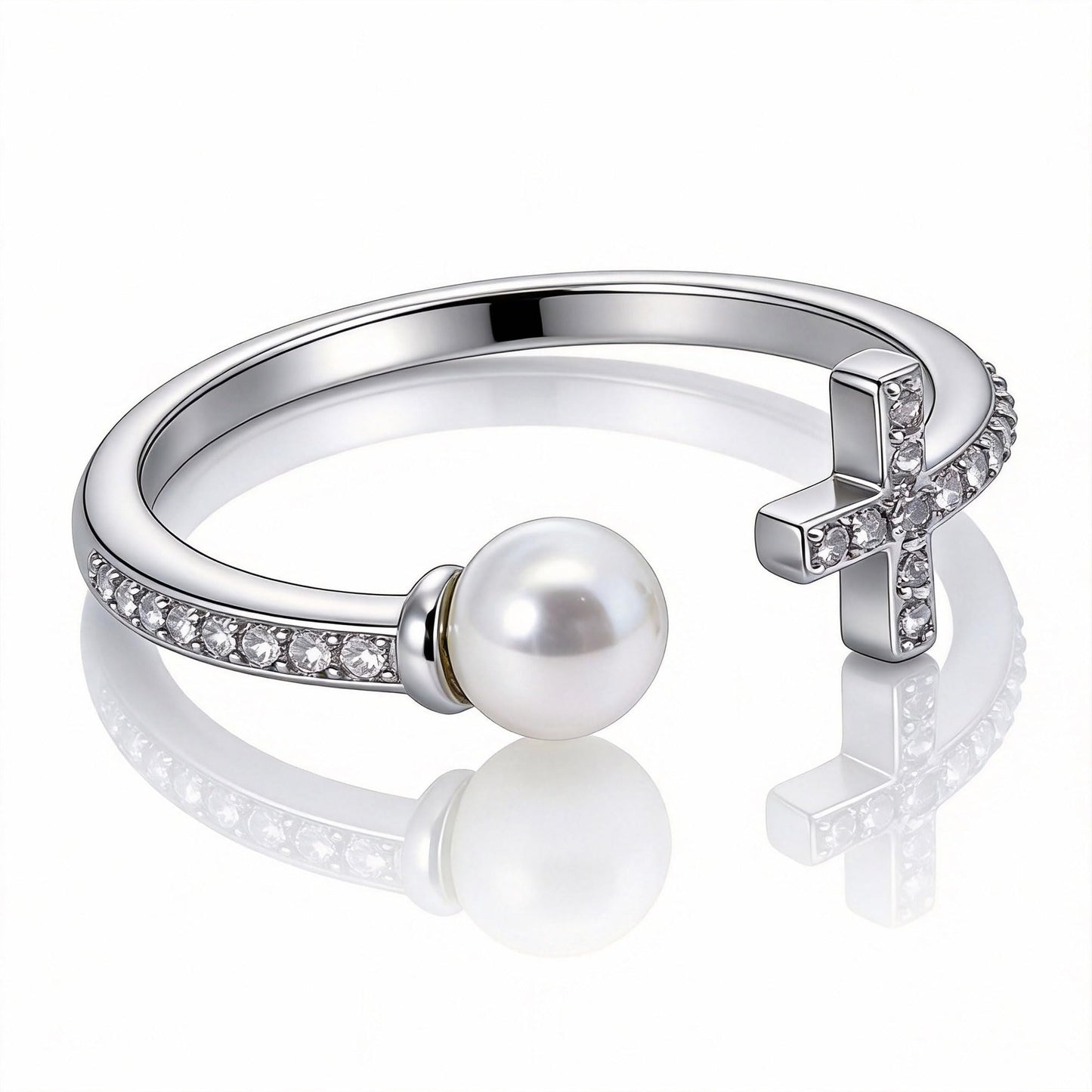 Warm Fortune Cross & Pearl Open Promise Ring for Her - 18K Gold Plated Cubic Zirconia, Stackable Gift Valentine's Day, Fashion & Daily Elegant Wear, Adjustable