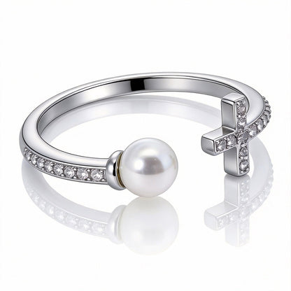 Warm Fortune Cross & Pearl Open Promise Ring for Her - 18K Gold Plated Cubic Zirconia, Stackable Gift Valentine's Day, Fashion & Daily Elegant Wear, Adjustable