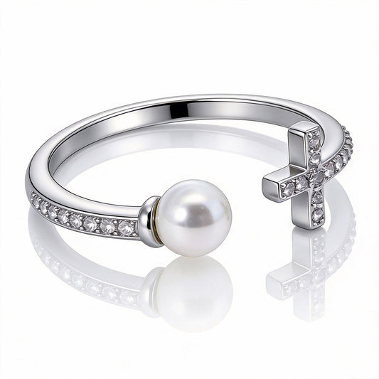 Warm Fortune Cross & Pearl Open Promise Ring for Her - 18K Gold Plated Cubic Zirconia, Stackable Gift Valentine's Day, Fashion & Daily Elegant Wear, Adjustable
