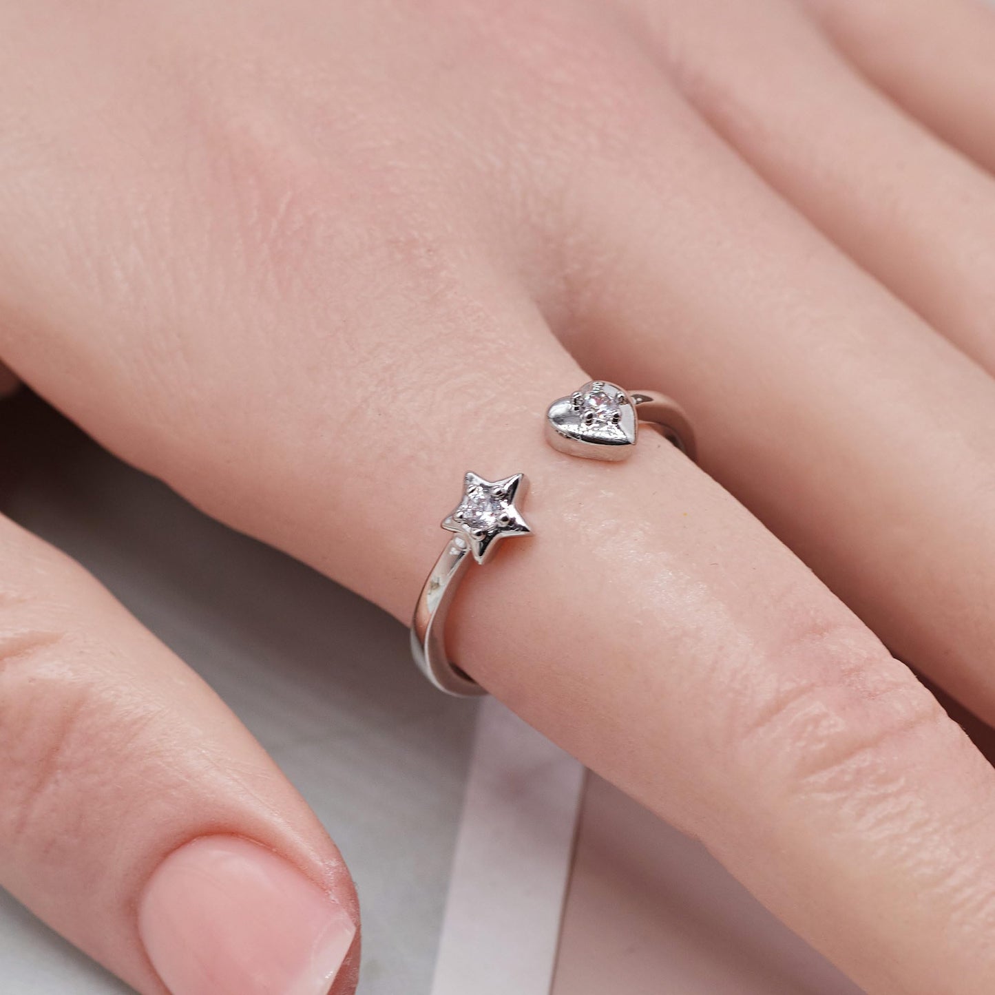 Warm Fortune Star and Heart Open Ring, Adjustable 18K Gold Plated CZ Promise Ring, Cute Stackable Statement Band for Women