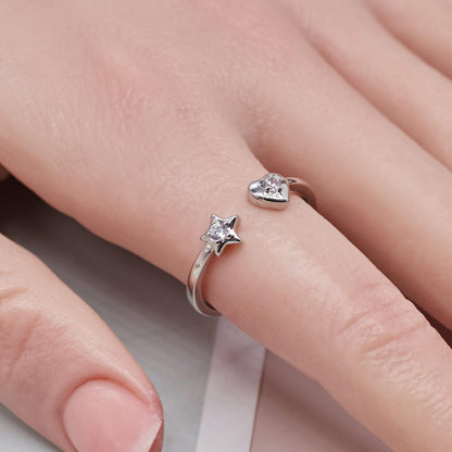 Warm Fortune Star and Heart Open Ring, Adjustable 18K Gold Plated CZ Promise Ring, Cute Stackable Statement Band for Women