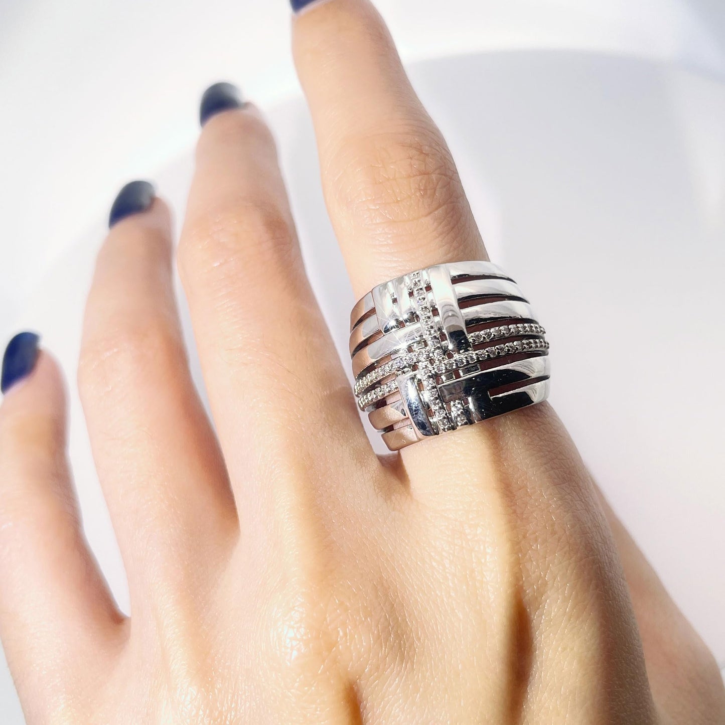 Warm Fortune Braided Cross Wide Band Statement Ring for Women, 18K Gold Plated Pave Cubic Zirconia Multi-Layer Geometric Fashion Ring, Size 7-10