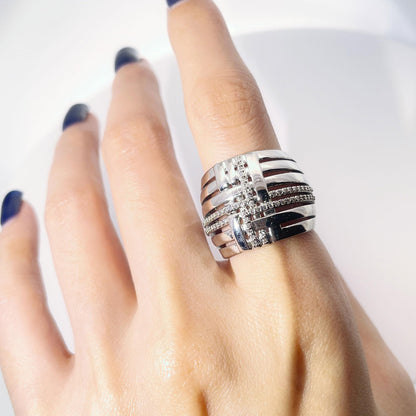 Warm Fortune Braided Cross Wide Band Statement Ring for Women, 18K Gold Plated Pave Cubic Zirconia Multi-Layer Geometric Fashion Ring, Size 7-10