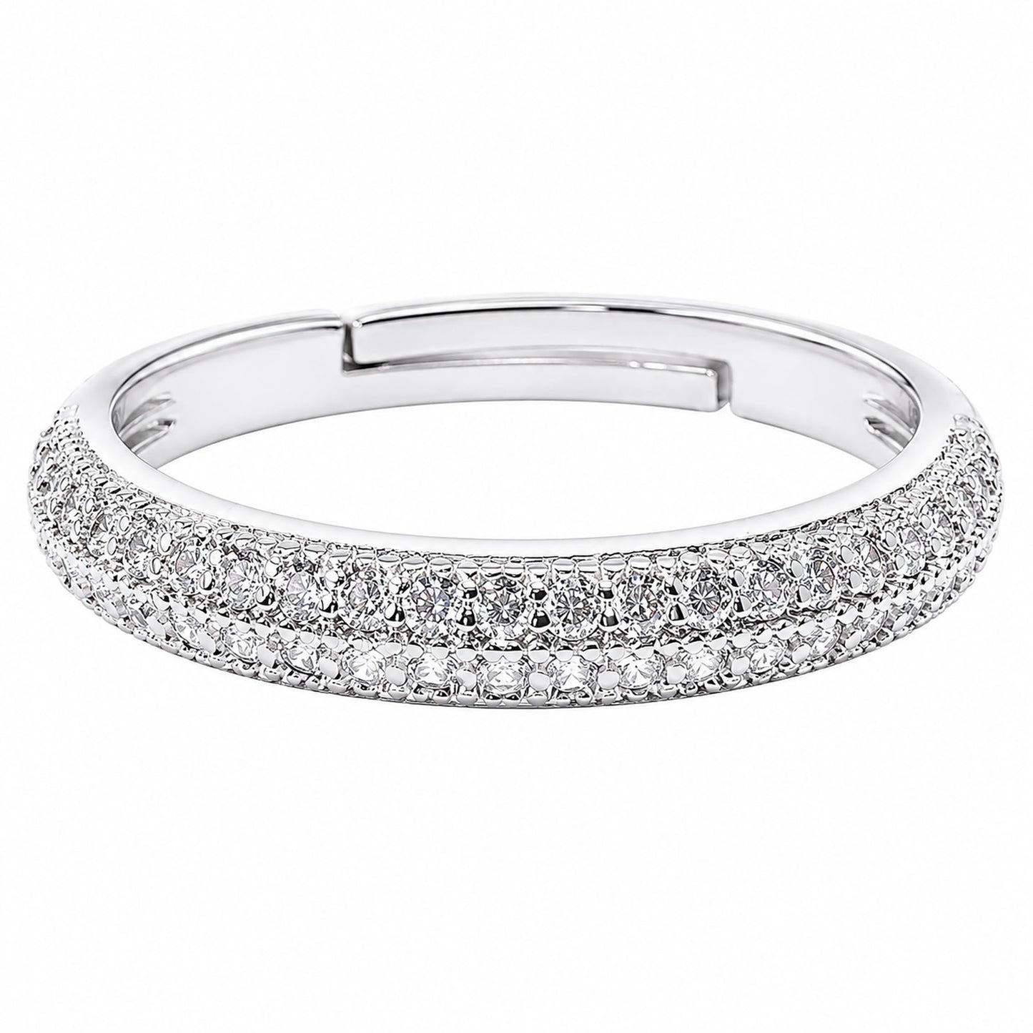 Warm Fortune Double‑Row Paved CZ Adjustable Open Ring for Women, 18K White Gold Plated Half‑Eternity Cubic Zirconia Statement Band, Dainty Elegant Jewelry