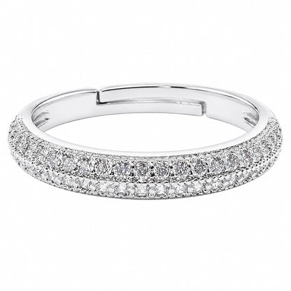 Warm Fortune Double‑Row Paved CZ Adjustable Open Ring for Women, 18K White Gold Plated Half‑Eternity Cubic Zirconia Statement Band, Dainty Elegant Jewelry