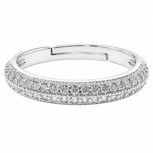 Warm Fortune Double‑Row Paved CZ Adjustable Open Ring for Women, 18K White Gold Plated Half‑Eternity Cubic Zirconia Statement Band, Dainty Elegant Jewelry