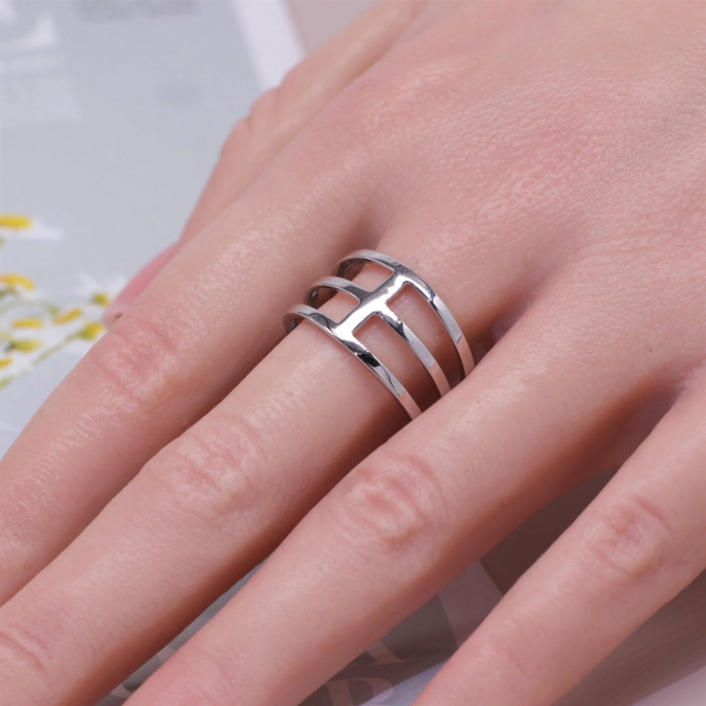 Warm Fortune H-Shape Open Band Ring - 18K Gold Plated Stackable Gift for Women, Daily Fashion Wear & Casual Accessory, Trendy Street Wear, Size 9-6