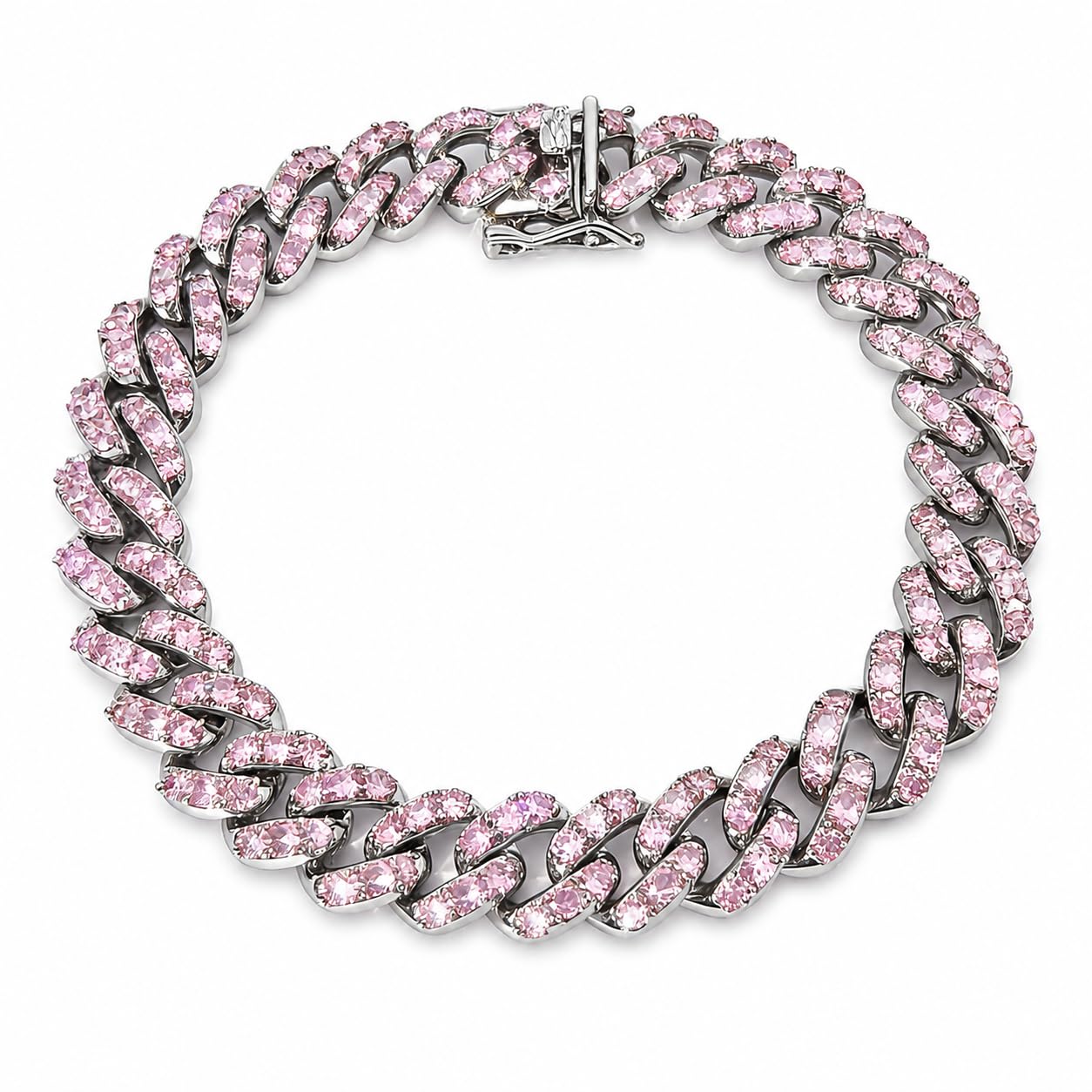 Warm Fortune Cuban Link Bracelet for Women, White Gold Plated, Pink CZ, 9 Inch, Pave Curb Chain Design