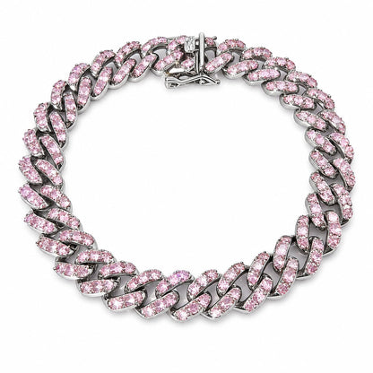 Warm Fortune Cuban Link Bracelet for Women, White Gold Plated, Pink CZ, 9 Inch, Pave Curb Chain Design