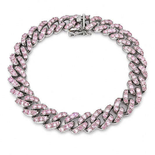 Warm Fortune Cuban Link Bracelet for Women, White Gold Plated, Pink CZ, 9 Inch, Pave Curb Chain Design