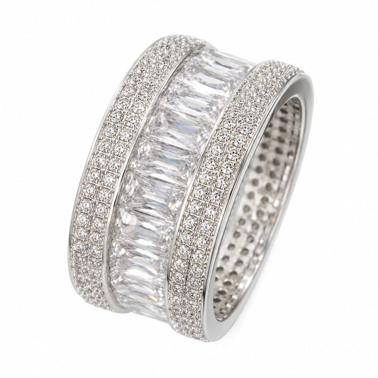 Warm Fortune Three-Row CZ Eternity Ring for Women, 18K White Gold Plated Baguette & Round Cubic Zirconia Channel-Set Statement Band, Size 7-9