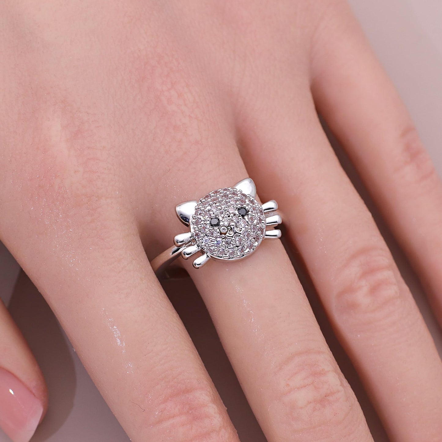 Warm Fortune Full Paved Hello Kitty Shaped Promise Ring for Her - 18K Gold Plated Cubic Zirconia, Stackable Gift Valentine's Day, Fashion & Daily Elegant Wear, Size 7