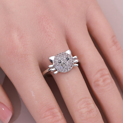 Warm Fortune Full Paved Hello Kitty Shaped Promise Ring for Her - 18K Gold Plated Cubic Zirconia, Stackable Gift Valentine's Day, Fashion & Daily Elegant Wear, Size 7