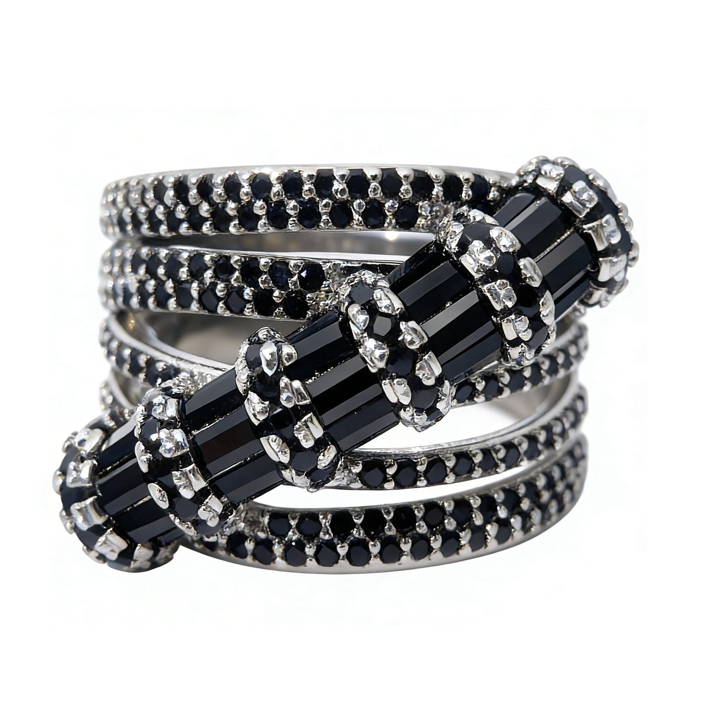 Warm Fortune Coiled Snake Black CZ Statement Ring for Women,18K Gold Plated Metal Multi Band Ring, Gothic Pave Crystal Cocktail Jewelry，Size 7-9
