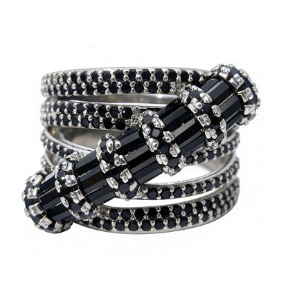 Warm Fortune Coiled Snake Black CZ Statement Ring for Women,18K Gold Plated Metal Multi Band Ring, Gothic Pave Crystal Cocktail Jewelry，Size 7-9