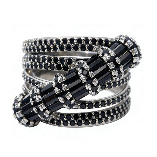 Warm Fortune Coiled Snake Black CZ Statement Ring for Women,18K Gold Plated Metal Multi Band Ring, Gothic Pave Crystal Cocktail Jewelry，Size 7-9