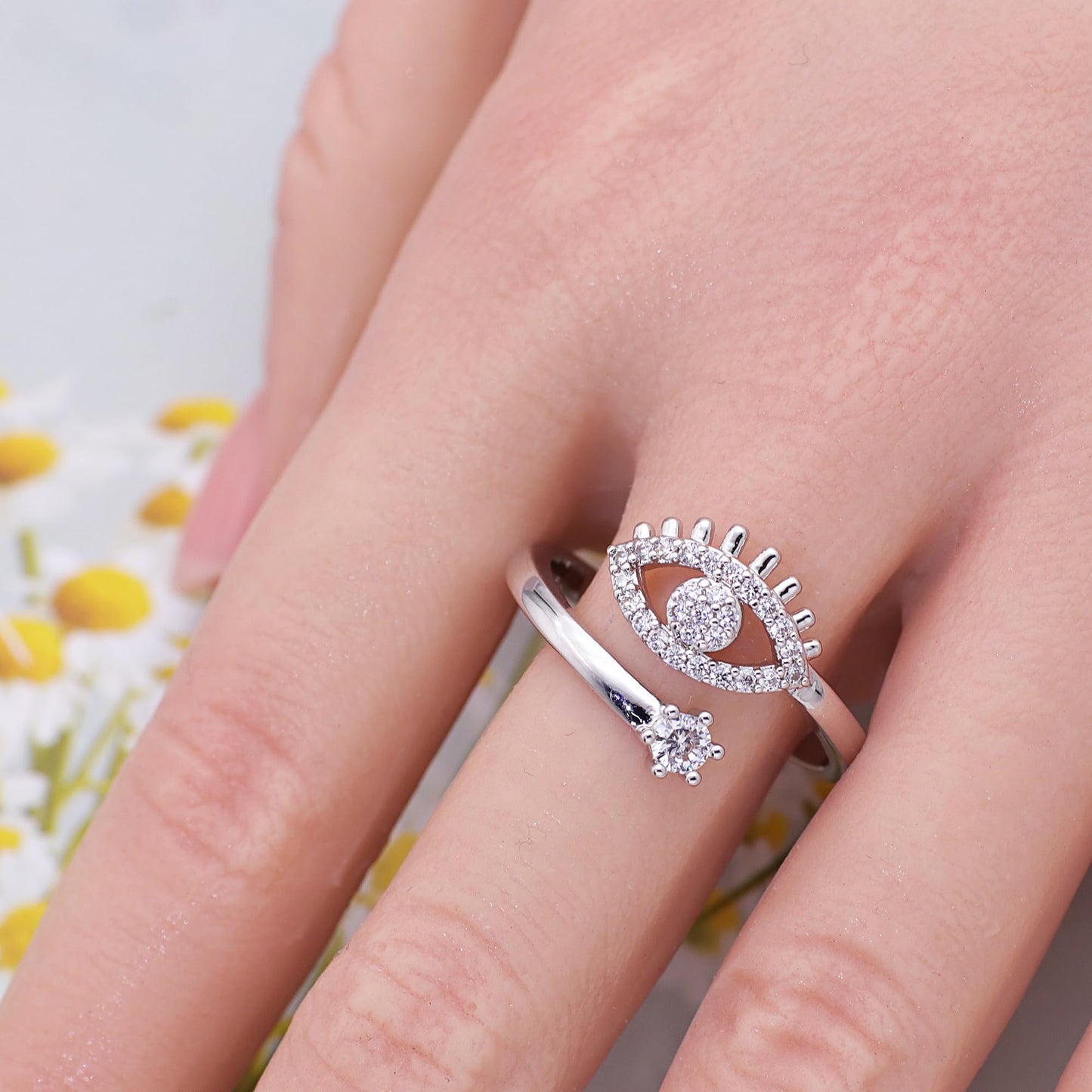 Warm Fortune Evil Eye Shaped Promise Ring for Her - 18K Gold Plated Cubic Zirconia, Stackable Gift Valentine's Day, Fashion & Daily Elegant Wear, Size 7