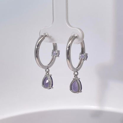 Warm Fortune Purple Double Teardrop Gemstone Dangle Hoop Earrings, Silver Tone Fashion Jewelry for Women, Trendy Party & Daily Accessory