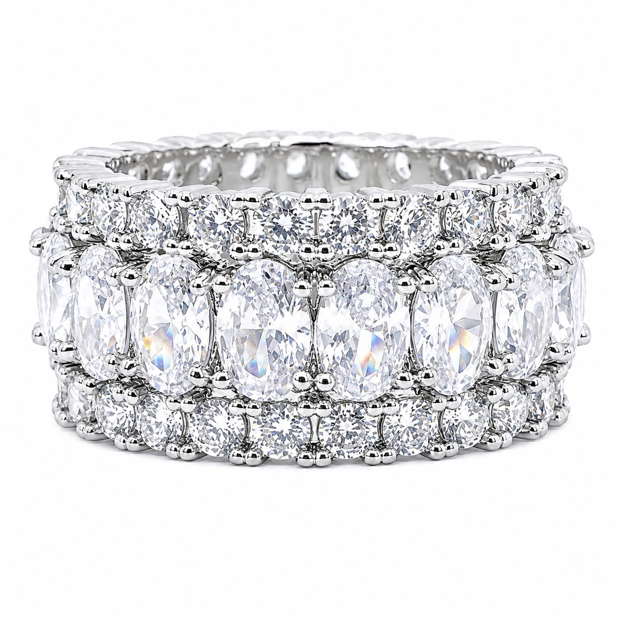 Warm Fortune Full Pave Oval CZ Eternity Ring for Women, 18K White Gold Plated Wide Band Stackable Wedding Anniversary Fashion Ring, Size 9-10