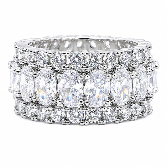 Warm Fortune Full Pave Oval CZ Eternity Ring for Women, 18K White Gold Plated Wide Band Stackable Wedding Anniversary Fashion Ring, Size 9-10
