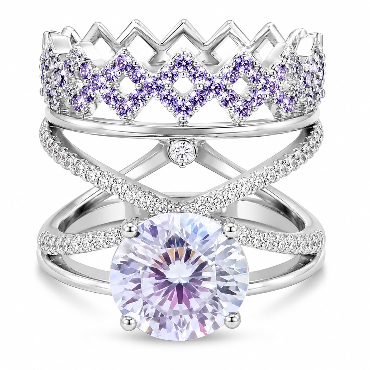Warm Fortune Crown Three-Layer Engagement Ring Set for Women - 18K Gold Plated Cubic Zirconia, Wedding Proposal Gift, Romantic Promise, Size 7-9