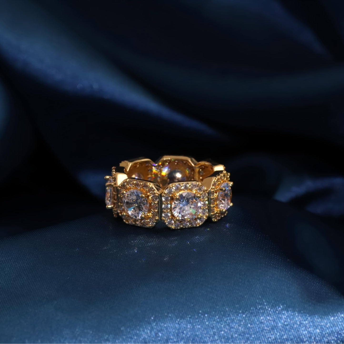 Warm Fortune Gold Plated Cubic Zirconia Band Ring, Hip Hop Street Style For Man or Women Fashion Jewelry