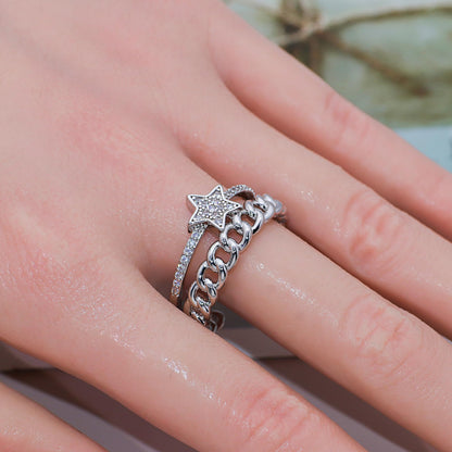 Warm Fortune Three-Layer Star and Cuban Link Promise Ring for Her - 18K Gold Plated Cubic Zirconia, Stackable Gift Valentine's Day, Fashion & Daily Elegant Wear,Adjustable