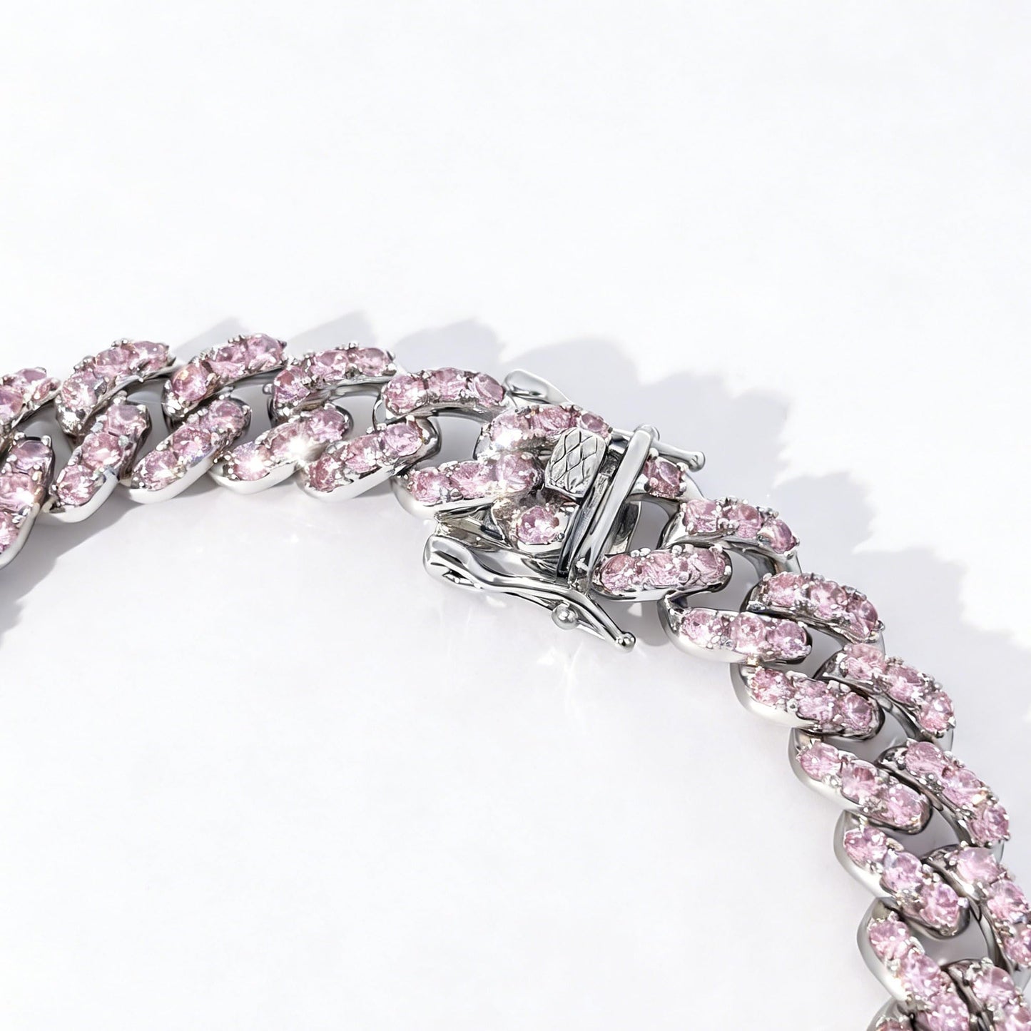Warm Fortune Cuban Link Bracelet for Women, White Gold Plated, Pink CZ, 9 Inch, Pave Curb Chain Design