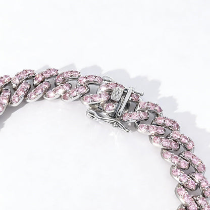 Warm Fortune Cuban Link Bracelet for Women, White Gold Plated, Pink CZ, 9 Inch, Pave Curb Chain Design