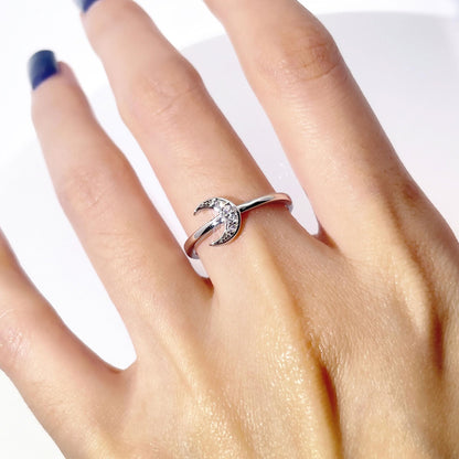 Warm Fortune Crescent Moon Ring, 18K Gold Plated CZ Stackable Promise Ring, Minimalist Celestial Jewelry for Women