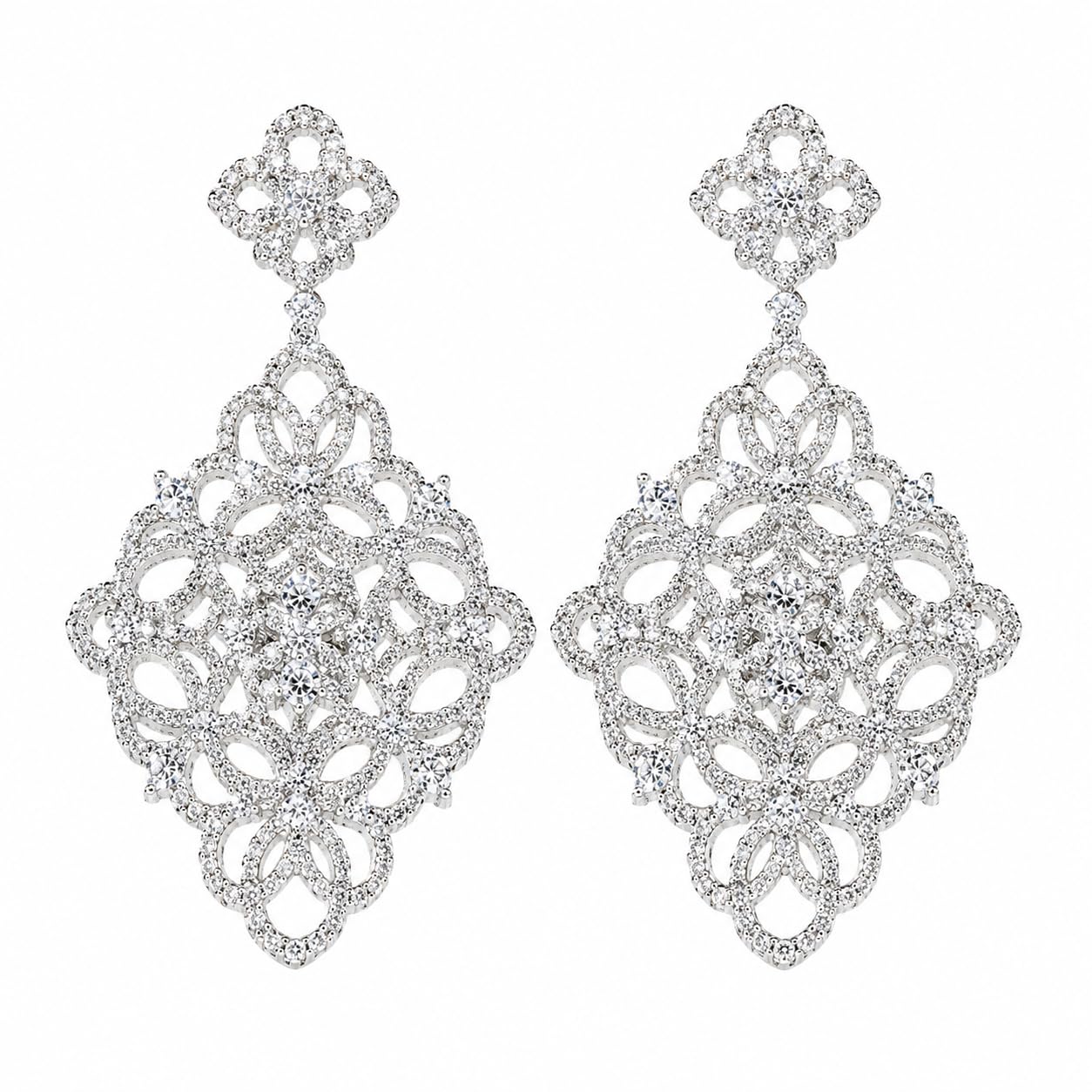 Warm Fortune 18K White Gold Plated CZ Floral Filigree Dangle Earrings