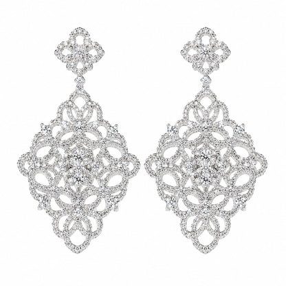 Warm Fortune 18K White Gold Plated CZ Floral Filigree Dangle Earrings