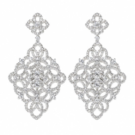 Warm Fortune 18K White Gold Plated CZ Floral Filigree Dangle Earrings
