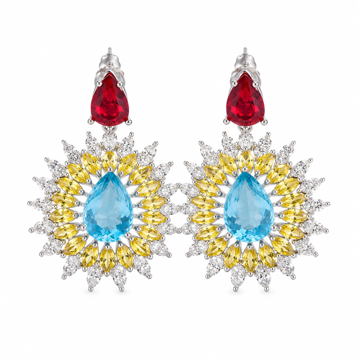 Warm Fortune 18K White Gold Plated Multicolor CZ Floral Dangle Earrings