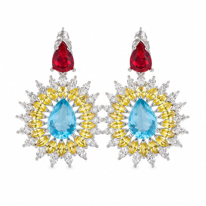 Warm Fortune 18K White Gold Plated Multicolor CZ Floral Dangle Earrings