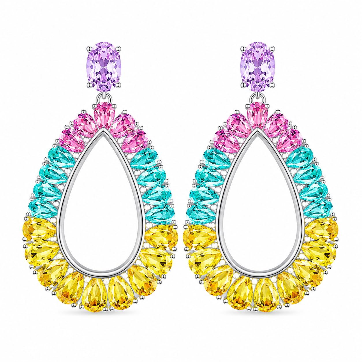 Warm Fortune 18K White Gold Plated Multicolor CZ Teardrop Earrings