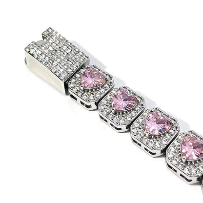 Warm Fortune Cushion Halo Tennis Bracelet for Women, White Gold Plated, Pink CZ, 7 Inch, Halo Link Design
