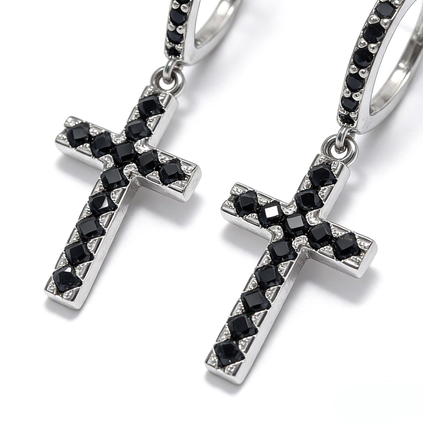 Warm Fortune 18K White Gold Plated Black CZ Cross Hoop Earrings
