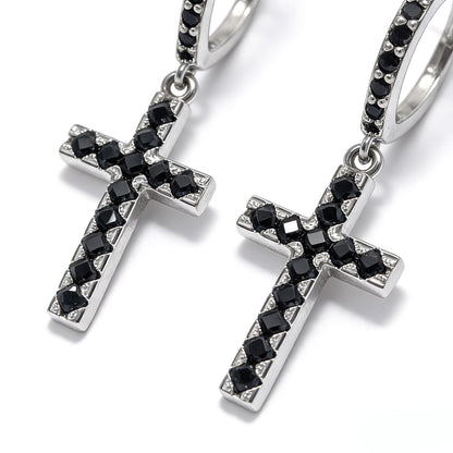 Warm Fortune 18K White Gold Plated Black CZ Cross Hoop Earrings