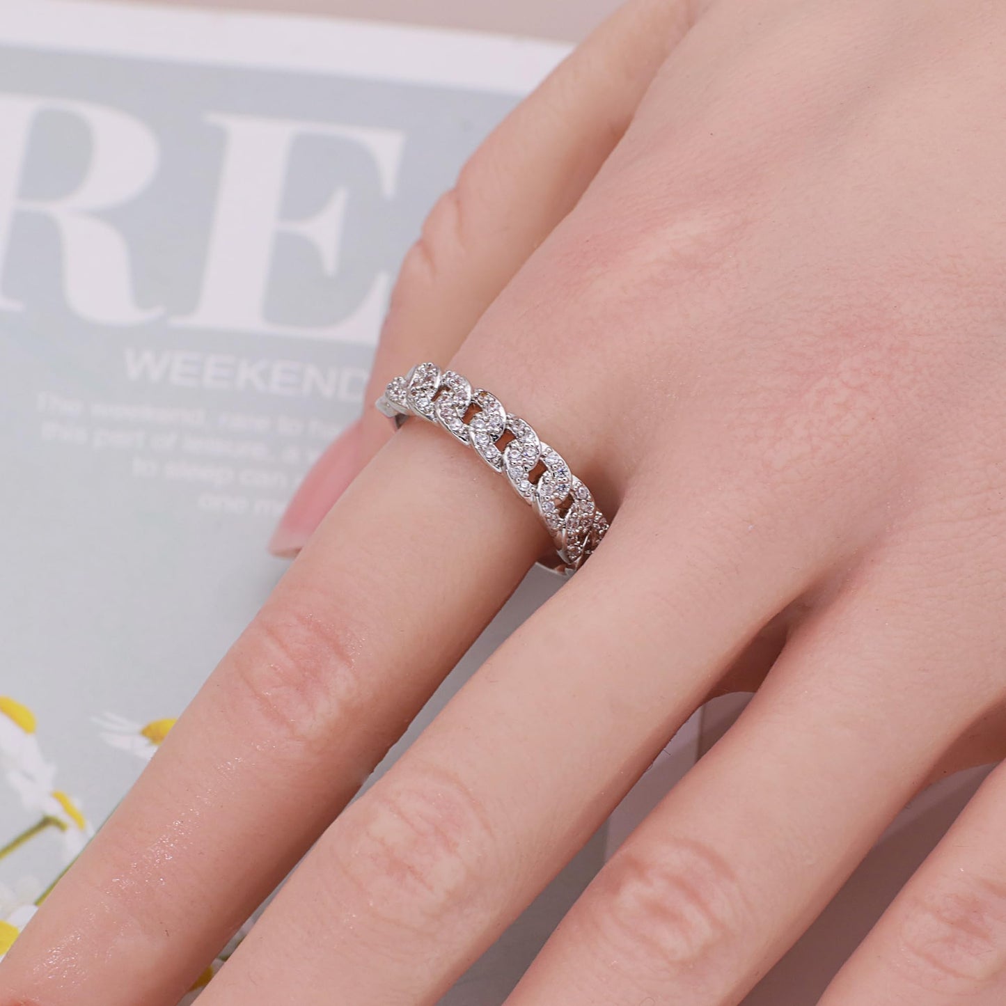 Warm Fortune Cuban Link Pave Promise Ring for Her - 18K Gold Plated Cubic Zirconia, Stackable Hip-Hop Style Jewelry, Size 6-8