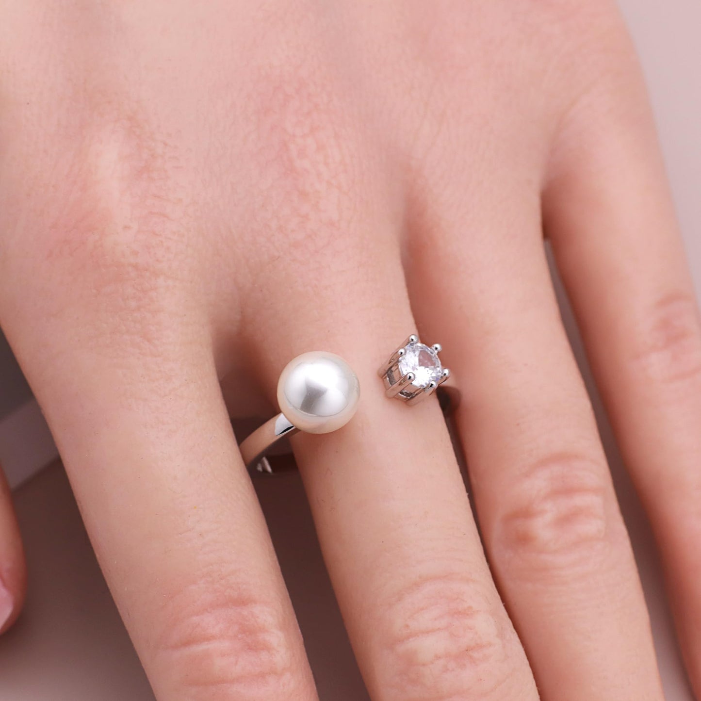 Warm Fortune Pearl & Cubic Zirconia Promise Ring for Her - 18K Gold Plated, Open Design, Elegant Daily & Bridal Jewelry,Adjustable